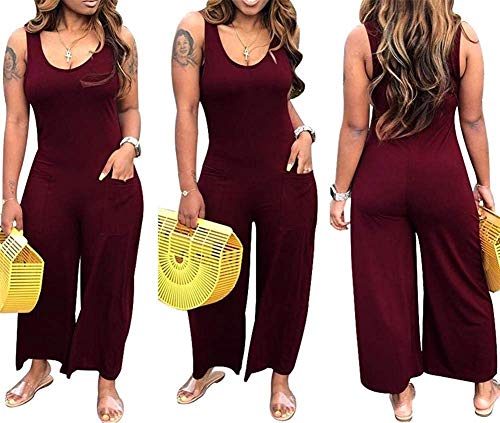Newsite Women's Sleeveless Jumpsuit Casual Tank Romper Tapered Leg With Pockets,Wine,L #TOP3
