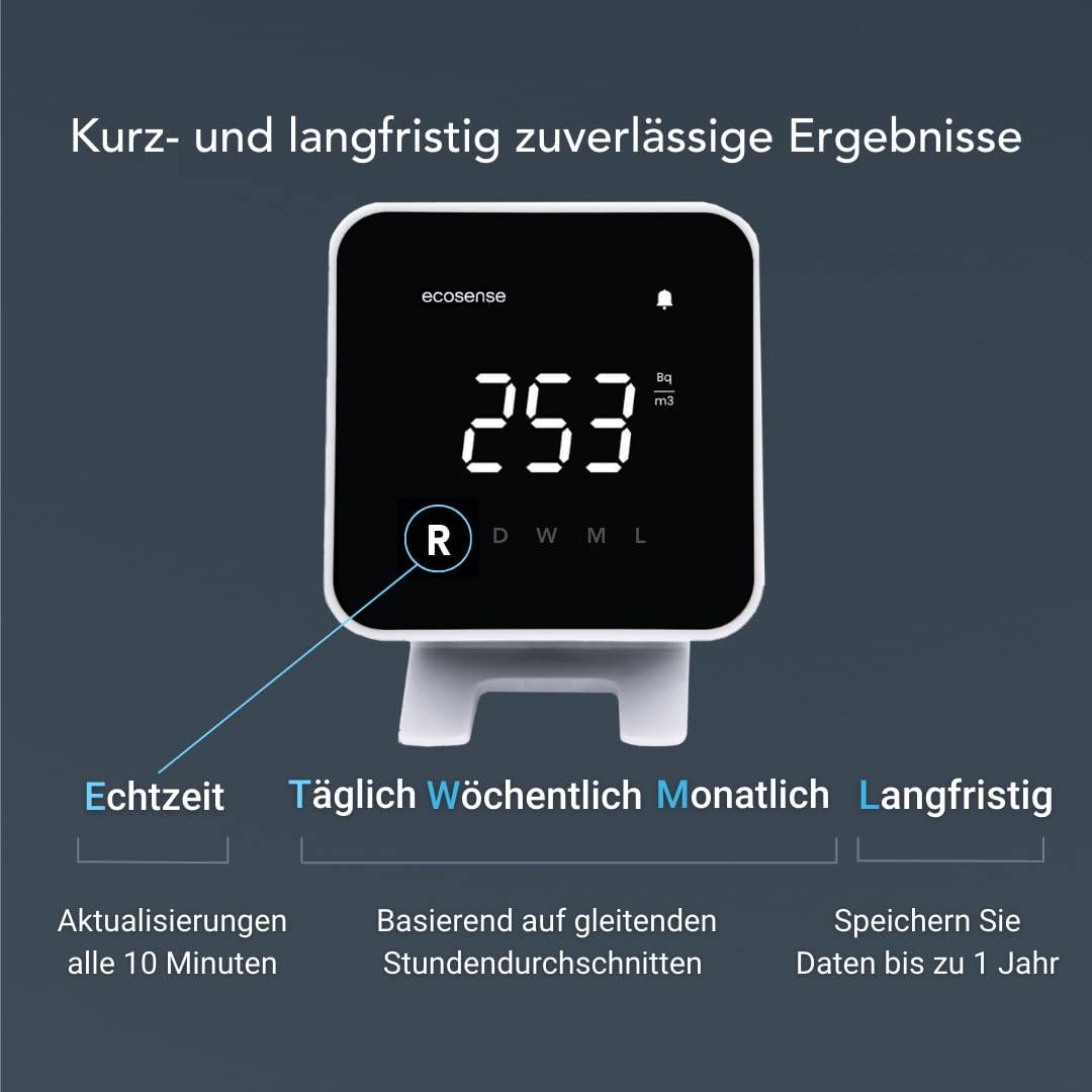 Ecosense EB100 EcoBlu, Heim-Radondetektor, Erfassung und Anzeige von Ergebnissen alle 10 Minuten, kurz- und langfristige, kontinuierliche Überwachung, einfach zu bedienen