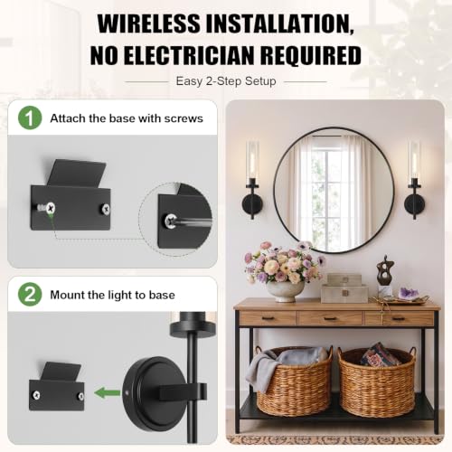 Image of Battery Operated Wall Sconce Set of 2, Matte Black Wireless Rechargeable Wall Lighting Fixtures with Remote Control, Dimmable Wall Light for Bathroom , Vanity, Living Room, Bedroom, Hallway, Stairway