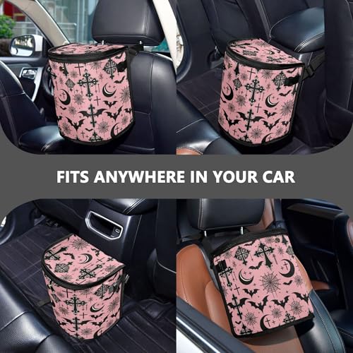 Image of MNSRUU Car Trash Can with Lid, Black Gothic Moon Spider Webs and Bats Car Trash Bag Hanging Organizers and Storage for Front Back Seat, Leak-Proof Trash Bin