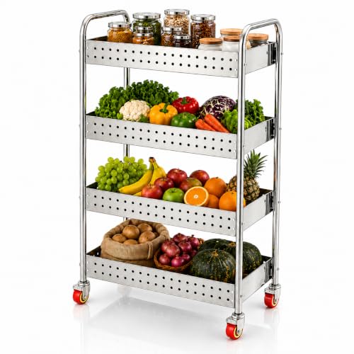 Image of TUNIS 4 Tier 202 Premium Stainless Steel Kitchen Storage Trolley with 360 Rotating Wheels | Multipurpose Vegetable & Fruit Rack Organizer | Movable Storage Cart for Kitchen, Pantry & Home