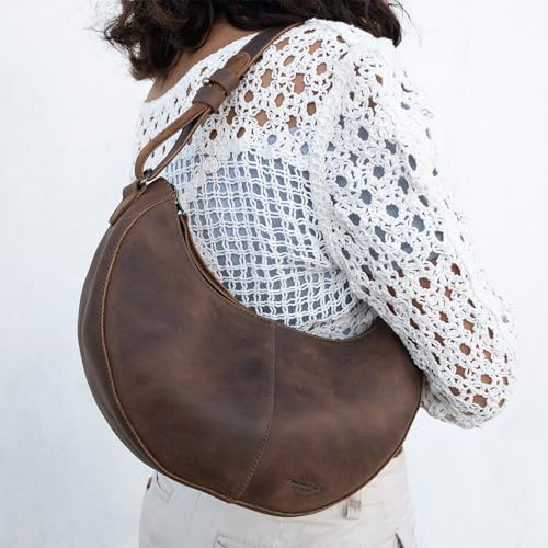 Heather's, Rounded Purse for Women, Waning Crescent Moon Shape Bag, Handbag, Shoulder Bag, Full Grain Leather, Handmade, Bourbon Brown2
