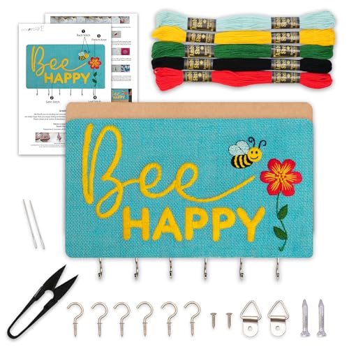 Image of picknMAKE Diy Embroidery Keychain Holder Kit - Stitch Bee Happy Design On Stiff Fabric,Assemble On Mdf Panel,Create A Personalized Wall-Mounted Key Organizer With Hooks,Hinges & Complete Tools,Blue
