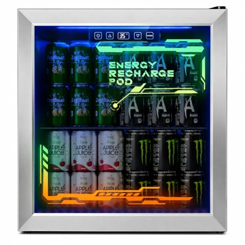 Image of Tehanld Lighted Beverage Refrigerator, 68-Can Gaming Mini Fridge | RGB illuminated glass door, 1.8 cu.ft, 35-65F digital control, quiet drink cooler for bedroom, game room, home bar