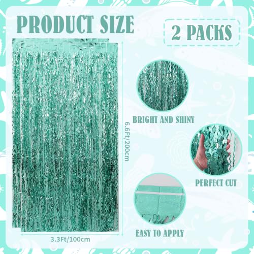 Image of TONIFUL 2Pcs Mint Green Blue Metallic Foil Fringe Curtain Laser Streamers | 3.3ftx6.6ft Ocean Themed Birthday Photo Booth Backdrop Door Streamer for Bachelorette Baby Shower Summer Pool Beach Party