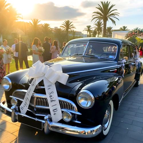 8 Pcs Just Married Wedding Car Decorations Kit-30 Inchs Big Car Bow Giant Pull Ribbon Bow with Door Handle Ribbons Rearview Mirror Bows & Decals for Bride Groom & Party Accessories (White)