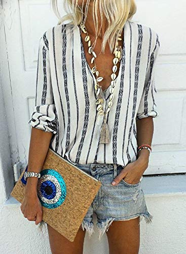 Astylish Women Casual Deep V Neck Button Down Stripe Print Long Sleeve Shirt Tops Medium 8 10 Black