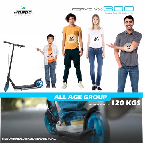 Image of Jaspo Fervid Vx-300 Aluminum Kick Scooter 175Mm Pu Wheels, Weight Limit 120 Kg,Front Rear Brakes,Grip Surface,for Tar Roads,3 Size Adjustments for Kids Youth & Adults (Fervid, Blue & Black)