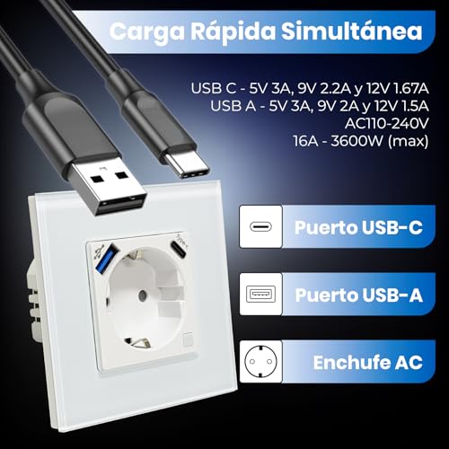 LED ATOMANT Pack 4x Enchufe de Pared Inteligente Cristal Wifi 16A con USB y USB C, Carga Rapida, Medidor de Consumo, Base Schuko para Empotrar, APP Smart Life, Compatible con Alexa y Google Home - imagen 2