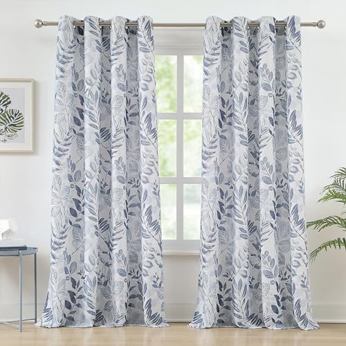 Image of Blue Leaf Light Filtering Window Curtains, 55 inch Wx63 Lx2
