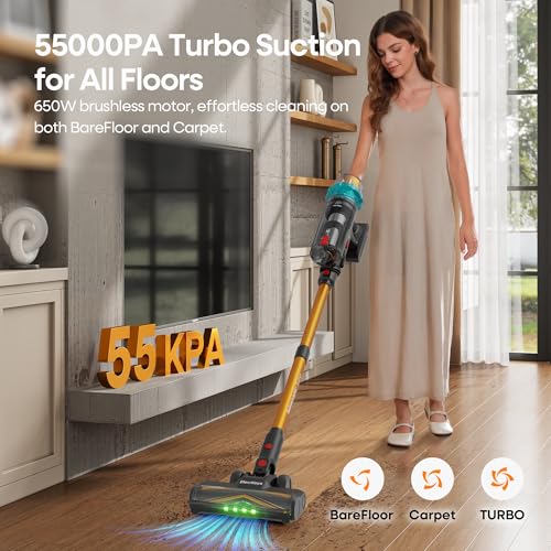 Image of ElecKeys Cordless Vacuum Cleaners for Home, 650W 55KPa Powerful Suction, 70 Mins Runtime, Self-Standing Stick Vacuum with Touch Screen, Anti-Tangle for Pet Hair, Carpet, Hardwood Floors, Car