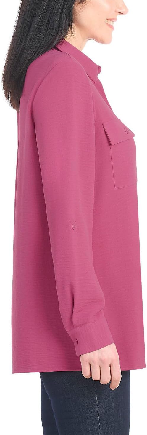 Hilary Radley Women's Roll Tab Sleeve Blouse, Button Down, Long Sleeve, Crinkle Top with Chest Pockets - Image 3