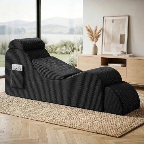 Yoga Chair Lounge for Adult Ergonomic Foam Chaise Lounge Chair Indoor with Side Pocket Headrest Waist Pad Ottoman Perfect for Stretching Massage and Relaxation No Assembly Required(Black)