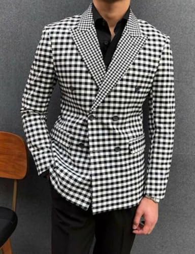 Men's Casual Coat Plaid Suit Jacket Double Breasted Peak Lapel Tuxedos Blazer3