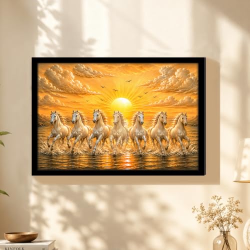 Image of PAINTINGMANTRA 7 White Running Horses Framed Wall Art Painting For Living Room, Vastu Poster with frame for Wall, Decoration item for bedroom, 10x13 Inch