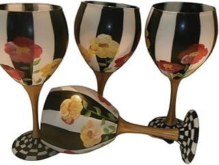 Hand painted Red and Yellow poppies. Painted with black and white stripes. Gold Stem and checked base. This set is so pretty. Great gift. Great set. usa. Set of 4 goblets.. 20 ounces each.