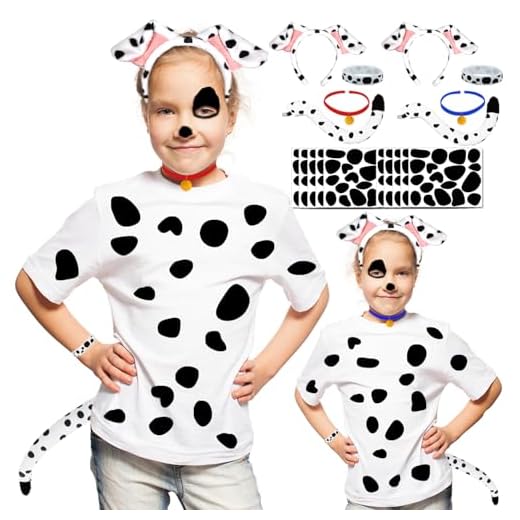 2 Sets Dalmatian Dog Costume Ear Headband,Tail,Black Felt Stickers ,Body Painting Crayons, Silicone Bracelet, Gold Tag and 144 Different Shapes Black Felt Stickers for Halloween DIY Projects Costume