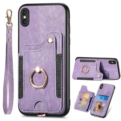 Étui en cuir PU iPhone X/XS, protection portefeuille antichoc haute finition avec dragonne