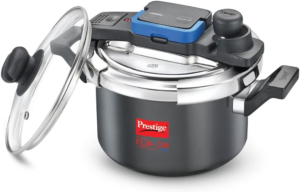 Prestige Svachh Flip-on Mini Hard Anodised Spillage Control Outer Lid Pressure Cooker with Glass Lid, 3 Litre (Black)