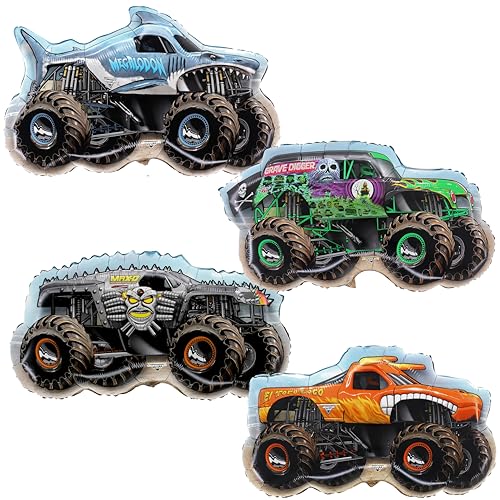 Toyland Pack Of 4 Monster Jam Truck Foil Balloons - Grave Digger El Toro Loco Max D & Megalodon Shaped Character Balloons