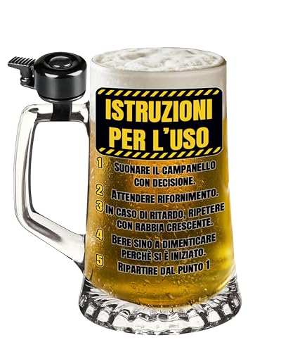 Boccale da Birra in vetro con Campanello – Stampa Colorata “Istruzioni per l’uso…” con Indicazioni Divertenti – Idea Regalo Spassosa per Amici e Feste