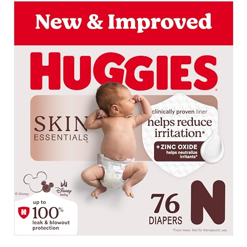 Huggies Size Newborn Diapers, Skin Essentials Baby Diapers, Size Newborn (6-9 lbs), 76 Count, Packaging May Vary