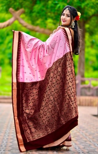 Image of NEW COLLECTION Women's Odisha Handloom Sambalpuri Pata Saree Temple Border Pasapalli Bomkai Buti Boyanika Design Saree Banarasi Soft Papa Silk Simple Ethnic Orissa Sari with Blouse Piece