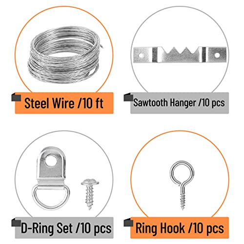 Image of Mr. Pen- Picture Hanging Kit, 220 pcs, Silver, Assorted Hooks, Nails | Sawtooth Hangers, D-Rings, Steel Wire, Ring Hooks, Home Wall Mount Hardware for Frames, Canvas, Decor