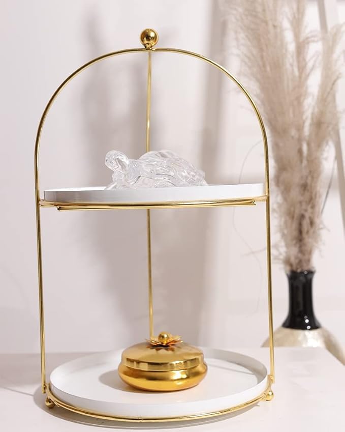 Image of White and Gold Metal 2-Tier Cake Stand Snack Platter for Home Decor (White)