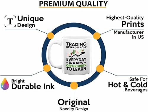 Miniatura 3 de Taza de café para comerciante de acciones de 11 onzas, color blanco, el comercio nunca se vuelve viejo - Trader Invest Market Brokers Asesor