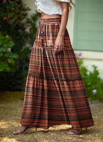 Image of Lepunuo Womens Casual Boho High Waisted Flowy Maxi Skirts Tiered Floral Long Skirts with Pockets for Summer Beach Vacation