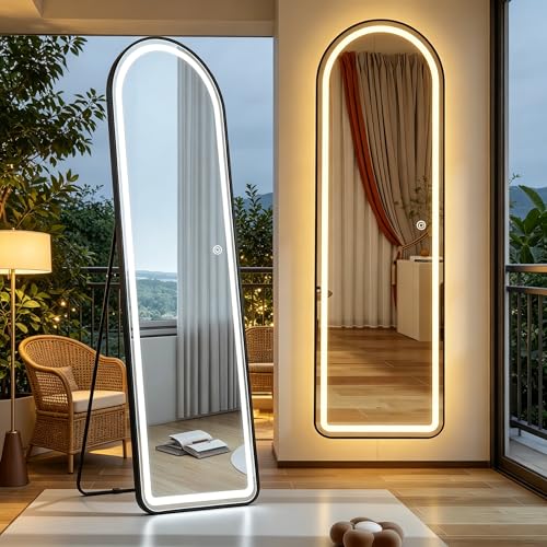 Panana LED Full Length Mirror 3 Color Lighting 160x49cm Free Standing Arch Floor Mirror with Aluminum Alloy Frame Tempered Glass For Bedroom Living Room Cloakroom Hallway Black
