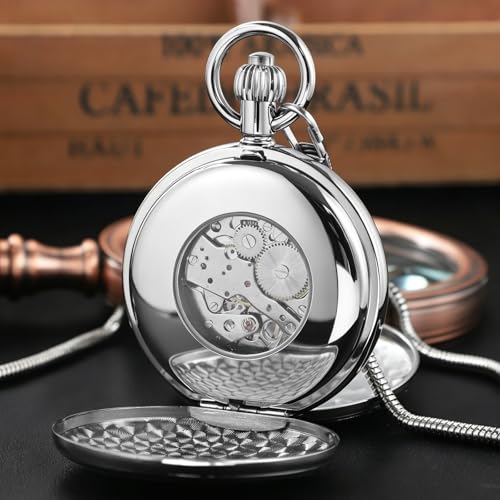 Image of Men's Mechanical Pocket Watch with Chain, Vintage Full Copper Hand-Wind Second&24hours Sub-dials Pocket Watches for Men with Box