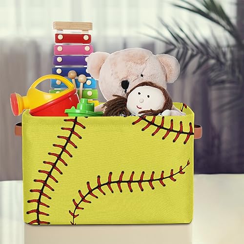 Image of AUUXVA Yellow Baseball Softball Storage Basket, Sports Theme Large Storage Bins Box with Handles, Easter Gift Baskets Ideal for Baby Kids, Room Nursery Decor, Organizing Clothes, Toys, Collapsible