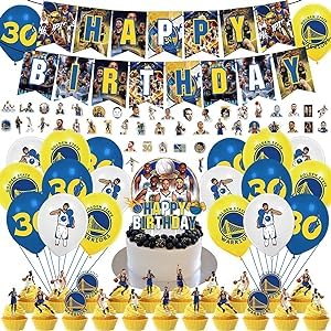 Vloopllo100 PCS Golden State Warriors Birthday Party Decorations,Stephen Curry Party Supplies Includes Birthday Banner, Cake and Cupcake Toppers, Balloons, Stickers, for Kids Teen Boys Girls