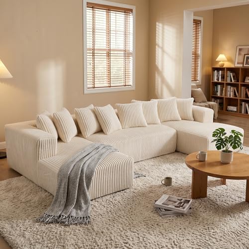 Image of 130 inch Modular Sectional Couch, Comfy Corduroy Couch Sectional Sofa with Double Chaise Lounge, Free Combination U Shaped Sectionl Sofa with Memory Foam, Luxury Couches for Living Room, Beige