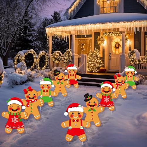 Memorywuu 10 Pcs Christmas Yard Signs Decor with LED Lights Christmas Gingerbread Man Yard Signs with Stakes Outdoor Xmas Yard Stakes for Christmas Holiday Outdoor Garden Lawn Pathway Decoration