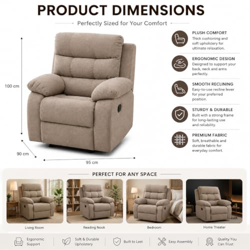 Image of Recliner Armchair for Living Room | Comfortable Upholstered Single Seater Sofa Chair with Ergonomic Backrest, Plush Armrests, Spacious Seat and Solid Wooden Frame