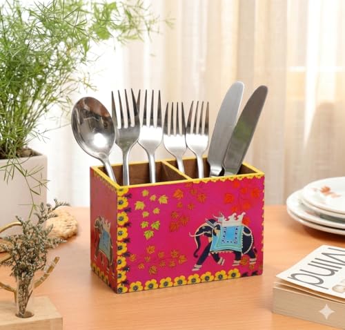 Image of DULI Multipurpose Engineered Wood Stand, Cutlery Holder, Table Organizer with 2 Sections, Elephant Pink, Medium
