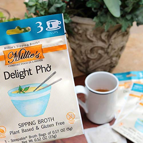 MILLIE'S SIPPING BROTH Steepable Sipping Broth with Vegetables, Basil, Onion and Red Peppers for Snack Urges | Vegan, Keto, Gluten Free, Intermittent Fasting, and natural | (Delight Pho) (9 Pack)