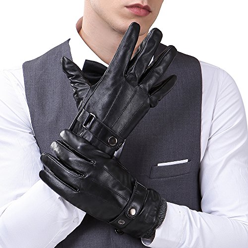 Mens Luxury Touchscreen Italian Nappa Genuine Leather Winter Warm Gloves for Texting Driving Cashmere Lining Blend Cuff (M-8.5'', Black)