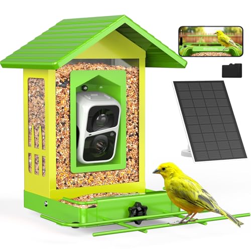 birdsnap® M53 - Mangiatoia per uccelli in metallo con pannello solare per fotocamera, componente aggiuntivo fai da te e scheda SD da 64 G, registrazione automatica di video per uccelli, AI Identify