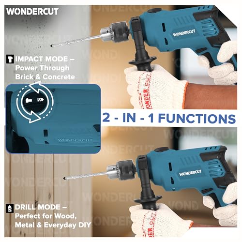 Image of WONDERCUT 810W, Professional, 2900 RPM, 2 Mode Selector, Variable Speed WC-ED13MM-B+7 Impact Pistol Grip Drill with 7 Pcs Professional Drill Bits (13 mm Chuck Size)