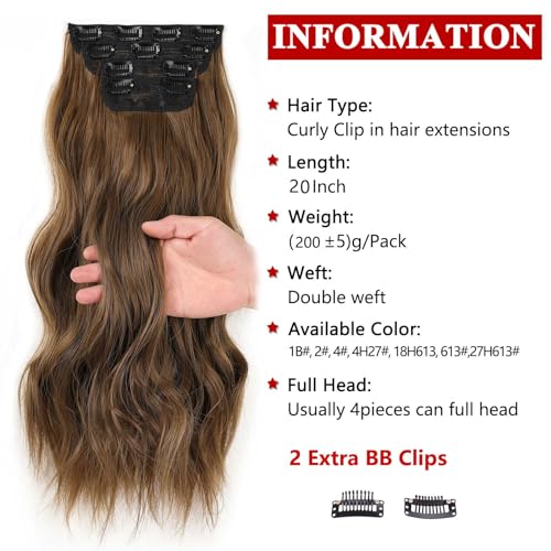Xtrend 20Inch Long Wavy Hair Extensions Clip In Set, Thick Curly Wavy Synthetic Pieces for Women & Girls (4PCS Full Head, 89) - Image 2