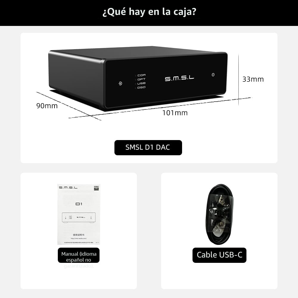 S.M.S.L D1 Hi-Res Audio Dac RohmBD34352EKVchip Touch Control Salida RCA 768kHz/32bit DSD512 MQA Audio DAC Doble entrada USB/Optica/Coaxial SNR126dB para telefono/pad/PC/TV/DVD Home Desktop DAC