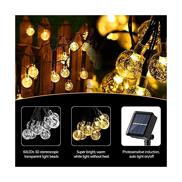 Qedertek Solar Lichterkette Aussen 11M/36ft 60 LED Solarlichterkette für Außen mit Kristall Kugeln Wasserdicht… – Bild 3