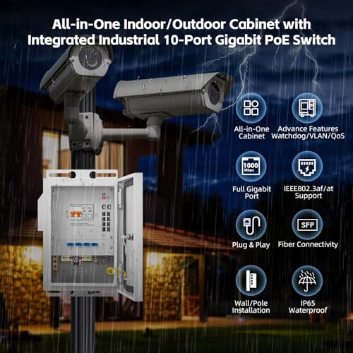 Image of MokerLink Indoor /Outdoor Industrial Enclosure with Integrated 8 Port Gigabit PoE+, 2 Port 1000BASE SFP Switch, IEEE802.3af /at POE 246W Power Supply, Plug and Play, Metal IP65 Case, -40 to 158F