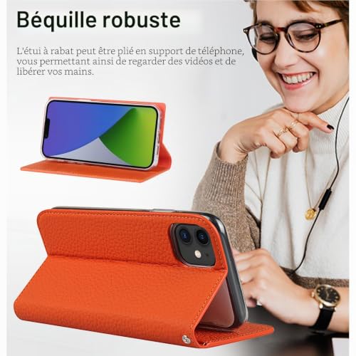 Étui coque pour iPhone 11 cuir véritable RFID pochette orange - 4