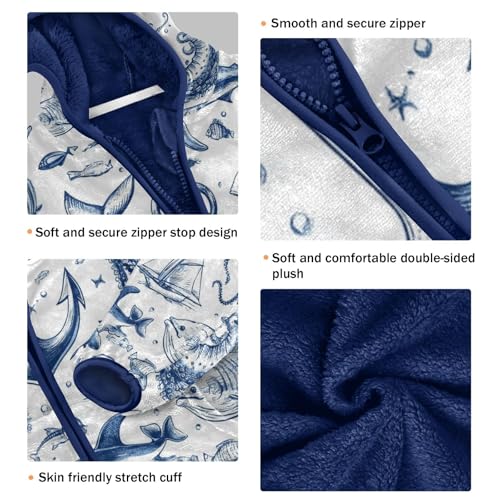 Cartoon Marine Pattern Toddler Fleece Jacket Girl Boys Hooded Fleece Jacket Coat Warm Outwear Zip-up 3-10T3