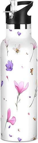 Miniatura 11 de Hyacinths - Botella de agua de metal para niños con tapa de boquilla a prueba de fugas, aislamiento al vacío de doble pared ligera para viajes,